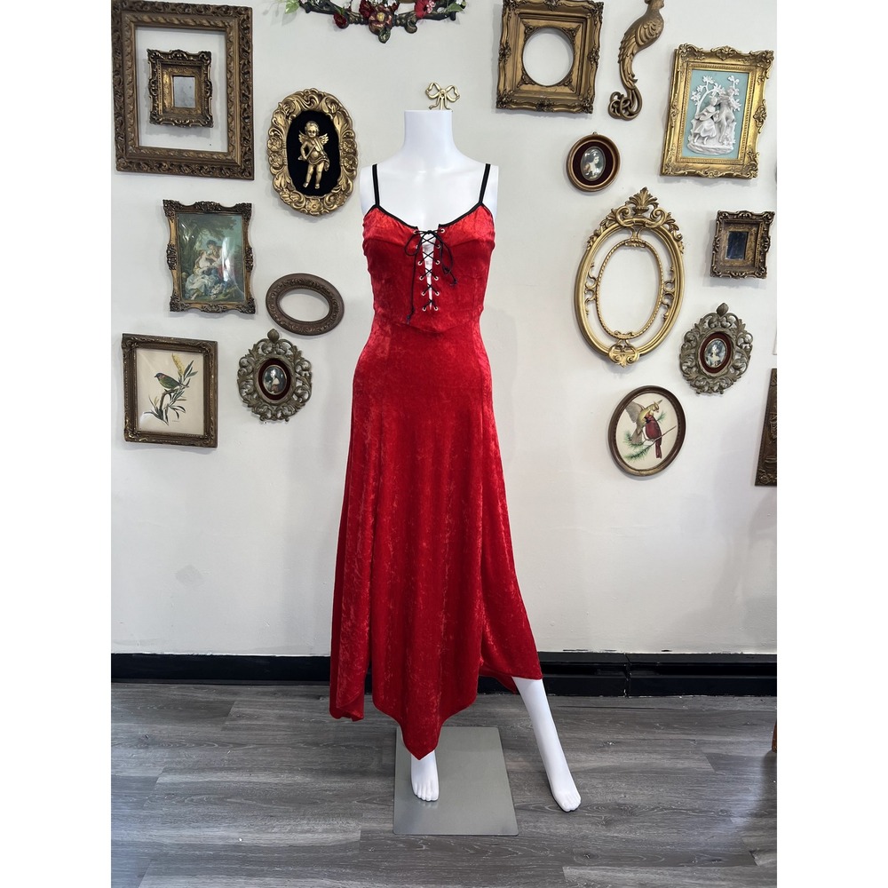 Goth Morbid Threads Vintage Y2K Red Crushed Velvet Lace Up Dress